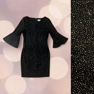 Calvin Klein Black Glitter Sheath Dress Bell Sleeves Stretch